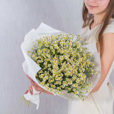 Круглый букет из ромашек танацетумов 36303 Круглый букет из ромашек танацетумов 36303
